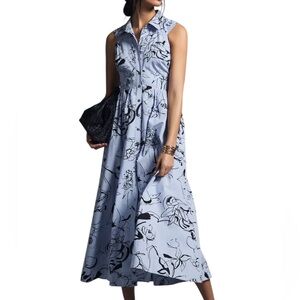 Anthropologie Maeve Light Blue Black Birds Collared Sleeveless Shirt Dress NWT